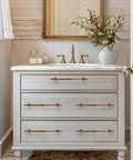 Antique Brass Cabinet Pulls 7.56 Inch Center-To-Center, 6.02 Inch Long Vintage Drawer Handles on white bathroom dresser