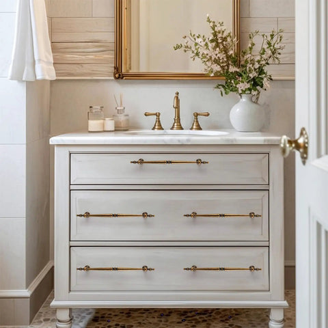 Antique Brass Cabinet Pulls 7.56 Inch Center-To-Center, 6.02 Inch Long Vintage Drawer Handles on white bathroom dresser