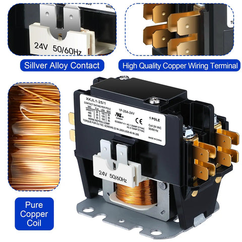 Heavy Duty 24V 25A 1 Pole HVAC Contactor Replacement Relay For Air Conditioners Heat Pumps And Refrigeration Systems Compatible With C230B UL Certified Compact Dust Resistant Design Built To Last showing copper coil and terminals