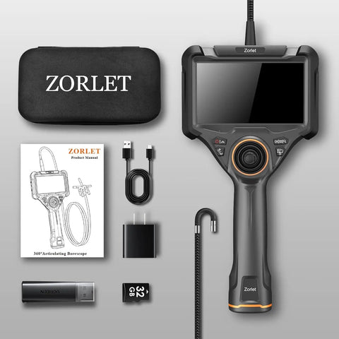 360 Degree Articulating Borescope With Five Inch Monitor And Four Way Joystick, 6.2mm Inspection Camera With Five Foot SemiRigid Snake Tube, HD Endoscope For Cars, Pipes And Gear with case and accessories
