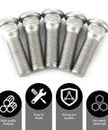 5 Piece Wheel Stud Repair Set, Tough As Nails Steel Lug Bolts, M12x1.5 Threads With 1.8 Inch Length, close-up of bolts.