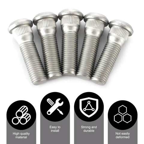 5 Piece Wheel Stud Repair Set, Tough As Nails Steel Lug Bolts, M12x1.5 Threads With 1.8 Inch Length, close-up of bolts.