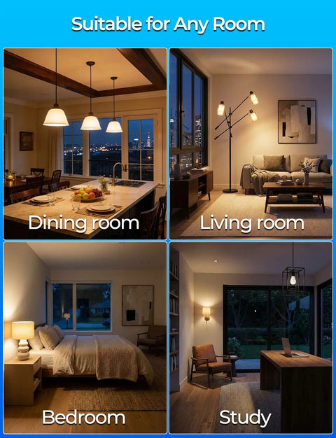Four-room image showing dining, living, bedroom, and study lit by Color Changing RGBW LED Light Bulb With 270 Degree Beam