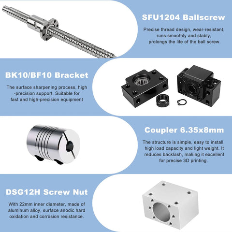 Beefed Up CNC Ball Screw Kit SFU1204 250mm Stainless Threaded Spindle With Metal Ball Screw Nut End Supports BK10 BF10 DSG12H Nut Housing 6.35x8mm Coupler For Automated Machines And Precise Linear Motion components displayed.