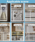 Super Tall Extra Wide Pressure Mounted Baby Gate With Triple Lock System shown in stairs, kitchen, bathroom, bedroom