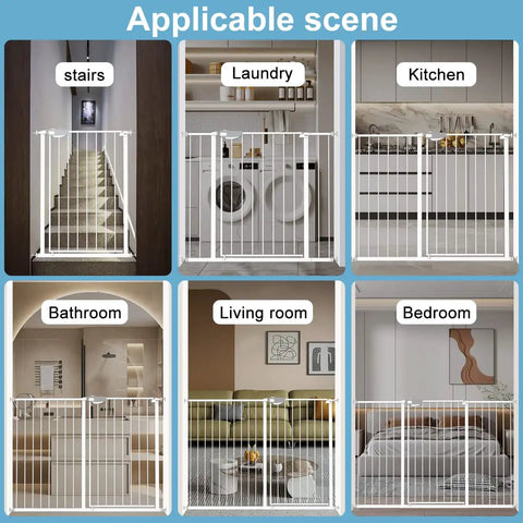 Super Tall Extra Wide Pressure Mounted Baby Gate With Triple Lock System shown in stairs, kitchen, bathroom, bedroom