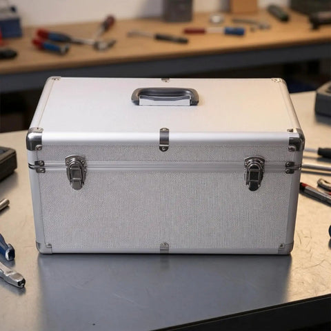 Heavy Duty Silver Metal Tool Box With Reinforced Corners Secure Carry Handle Tough As Nails For Workshop And Field Repair Jobs Keeps All Gear Locked And Loaded seen from the front on a workshop table.