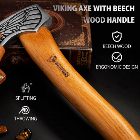 Valkyrie Viking Axe Hatchet With Leather Sheath For Camping And Bushcraft High Carbon 1055 Steel Blade, beech wood handle