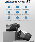 Ultra Compact Golf Range Finder With Slope And Triangulation, 1300 Yard Range, Lightweight 5.3oz displayed on grey podiums