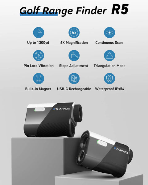 Ultra Compact Golf Range Finder With Slope And Triangulation, 1300 Yard Range, Lightweight 5.3oz displayed on grey podiums