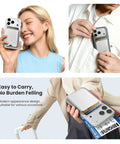 Smiling woman holding iPhone with MagSafe Ready Leather Phone Wallet With N52 Magnets, Must-Have Ultra Slim Card Holder RFID Blocking