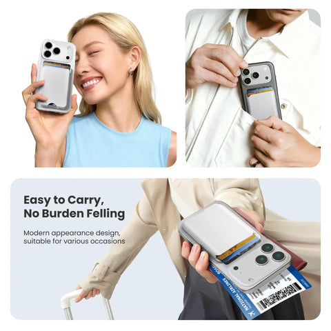 Smiling woman holding iPhone with MagSafe Ready Leather Phone Wallet With N52 Magnets, Must-Have Ultra Slim Card Holder RFID Blocking