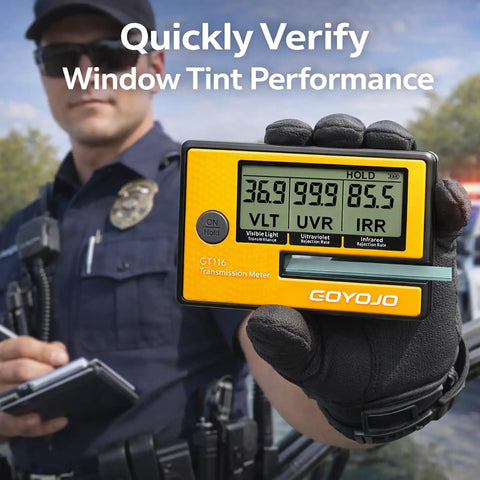 3 In 1 Tint Meter For Car Windows Pro Digital Solar Film Tester With UV IR Transmission And Light Transmittance Auto Calibration Fits Side Windows And Film Samples Stay Legal Window Film Testing For Auto Shops, handheld yellow unit