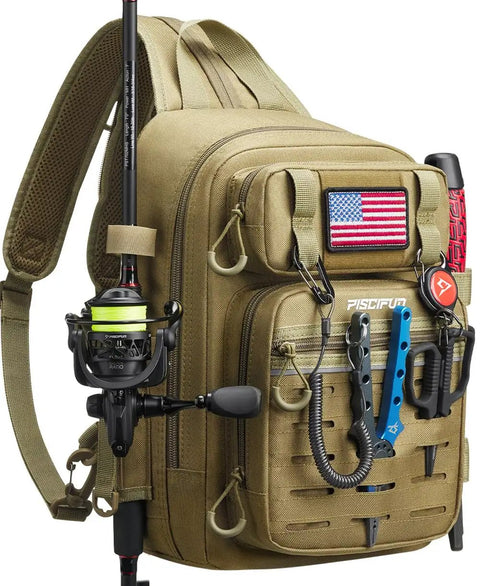 All In One Fishing Backpack Tackle Bag With Two Rod Holders Ready To Roll Multi Compartment Storage MOLLE System Water Resistant Lightweight Pack