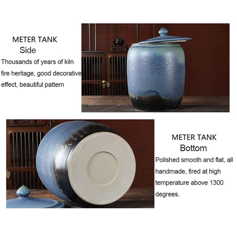 Top Shelf Chinese Style Ceramic Rice Jar With Tight Lid Kitchen Pantry Caddy For Grains Snacks Candy Coffee Beans Tea Gradient Blue Glaze side and bottom view