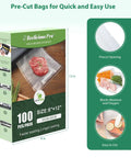 Precut Vacuum Sealer Bags 8x12 Inches 100 Count BPA-Free Heavy-Duty Commercial Grade packaging with food examples.