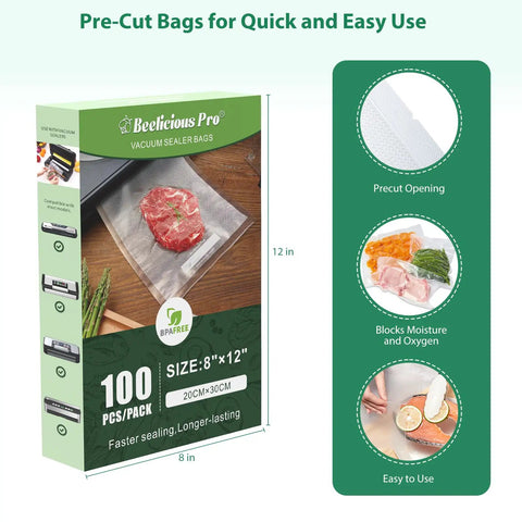 Precut Vacuum Sealer Bags 8x12 Inches 100 Count BPA-Free Heavy-Duty Commercial Grade packaging with food examples.