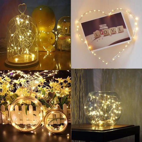 Battery Operated Fairy Lights With Remote, 50 LEDs Warm White 16Ft Silver Wire, various decorative setups.