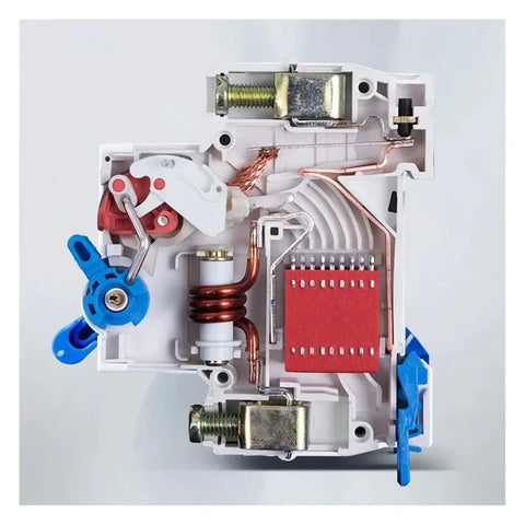 Heavy Duty Miniature Circuit Breaker 1P 2P 3P 4P Variants Ac 230 400v Din Rail Mount internal components view for wiring protection.
