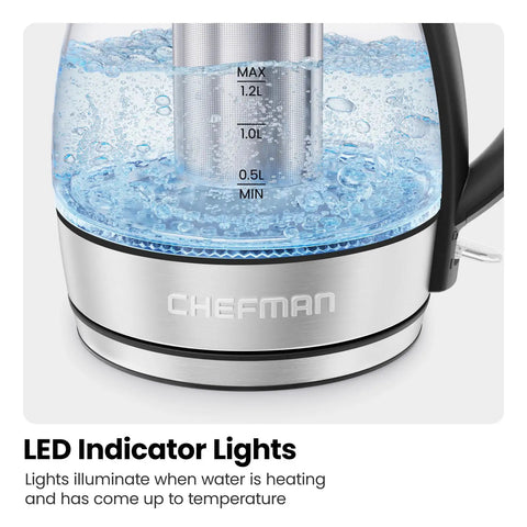 Cordless Glass Electric Kettle With Infuser 1.2L 1500W Fast Boil BPA Free Auto Shut Off No Fuss Boil Dry Protection Removable Lid LED Indicator Lights Clear Tea Kettle For Tea Coffee Hot Chocolate, close-up of LED indicator lights and boiling water