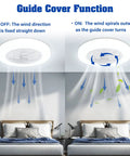 Enclosed Low Profile Ceiling Fan With Light And Bluetooth Speaker showing airflow guide cover function above bed