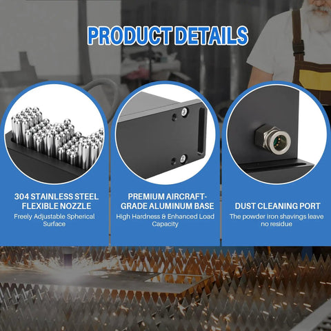 Sixty Seven Pin Flexible Work Clamping Fixture Universal Needle Array Jig For Cnc Milling And Laser Marking construction details showing stainless steel nozzle and aluminum base.