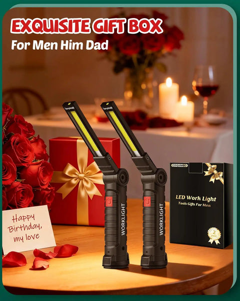 Rechargeable LED Work Light For Men With Magnetic Base And 360 Degree Rotating Mechanic Flashlight Two Pack Black Gift Box