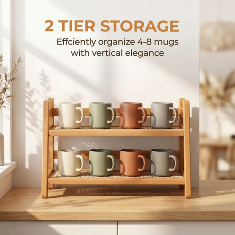 Two Tier Coffee Station Organizer With Bamboo Mug Holder For Countertop Rustic Vintage Mug Rack For Kitchen Farmhouse Style Tea Coffee Cup Display And Storage on kitchen counter with mugs.