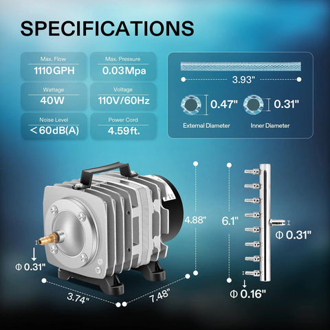 Front view of VIVOSUN commercial air pump, 1110 GPH, 8-outlet, 40W, for aquarium and hydroponic systems.