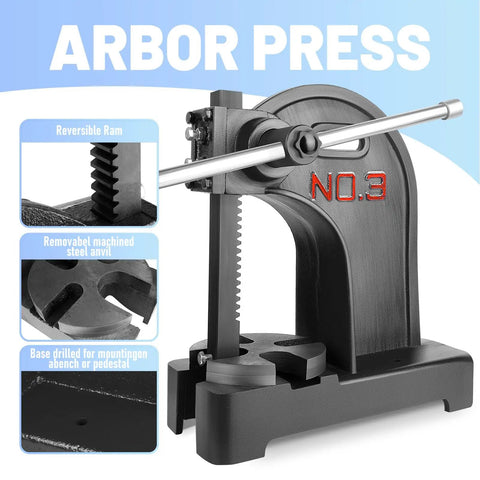 Heavy Duty 3 Ton Arbor Press With Ergonomic Handwheel And Non Slip Grip 12 Inch Tall Cast Iron Desktop Machine for metal punching with reversible ram.