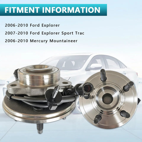 2 Pack Front Wheel Bearing Hub Assembly Direct Fit For Ford Explorer 2006-2010, Explorer Sport Trac 2007-2010, Mercury Mountaineer 2006-2010, 5 Lug Front Left And Right Hubs shown in product display