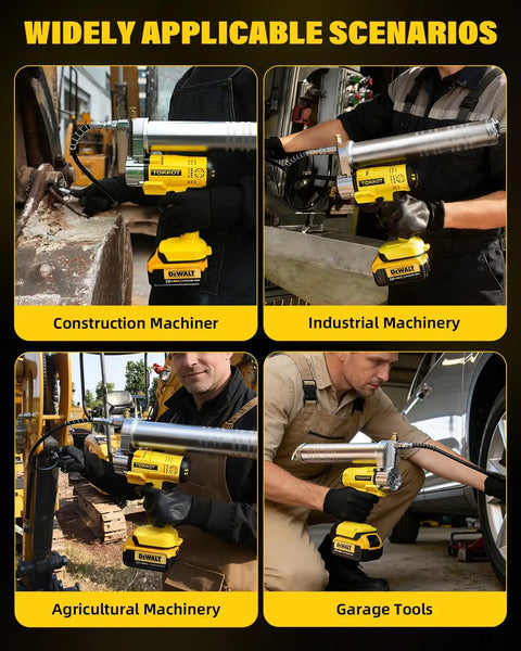 Cordless Electric Grease Gun With LED Light Beastly Power Up To 14000 PSI 12 Inch Hose And 6 Inch Couplers Compatible With DeWalt 20V Battery used in various machinery applications.