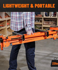 Rock Solid Folding Miter Saw Stand With Quick Three Step Setup And No Sweat Portable Design For Weekend Warrior Woodworking Projects And Ultra Compact Jobsite Storage, lightweight 22lb frame, being carried.