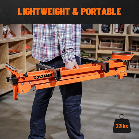 Rock Solid Folding Miter Saw Stand With Quick Three Step Setup And No Sweat Portable Design For Weekend Warrior Woodworking Projects And Ultra Compact Jobsite Storage, lightweight 22lb frame, being carried.