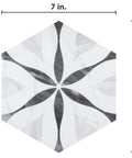 Dope Bardiglio Hex Flower Porcelain Tile 7x8 For Floor And Wall, showing hexagonal shape with flower design and grey veining.