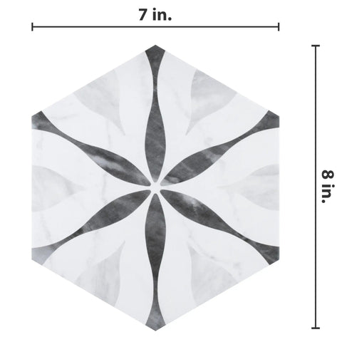 Dope Bardiglio Hex Flower Porcelain Tile 7x8 For Floor And Wall, showing hexagonal shape with flower design and grey veining.
