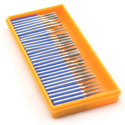 Diamond Grinding Head Set For Carving Burrs Rotary Bits With One Eighth Inch Shank 30 Pack in orange tray