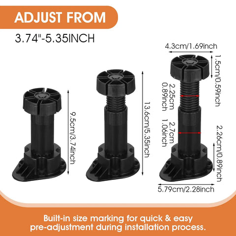 Adjustable Furniture Leveling Feet Set, 12 Pieces, Heavy Duty Cabinet Levelers For Bed Frames, from 3.74 to 5.35 Inches