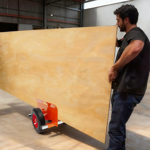 Beefy Heavy Duty Panel Dolly For All Terrain Use With 2 Wheel Slab Design And 10 Inch Solid Wheels, Supports Up To 1100 Lbs, Built Tough For Easy Mobility And Scratch Resistant Iron Construction. Used to move a large plywood panel in a workshop.