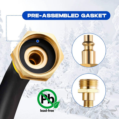 Close-up of RV Winterizing Kit with Sprinkler Blowout Adapter, brass fittings, pre-assembled gasket, lead-free, for sprinkler systems