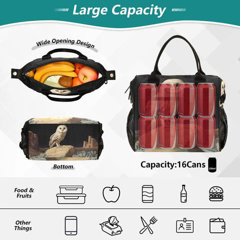 Large Insulated Lunch Bag With Owl Desert Landscape Design Portable Leakproof Soft Cooler Tote For Men Women Holds 18 Cans Beach