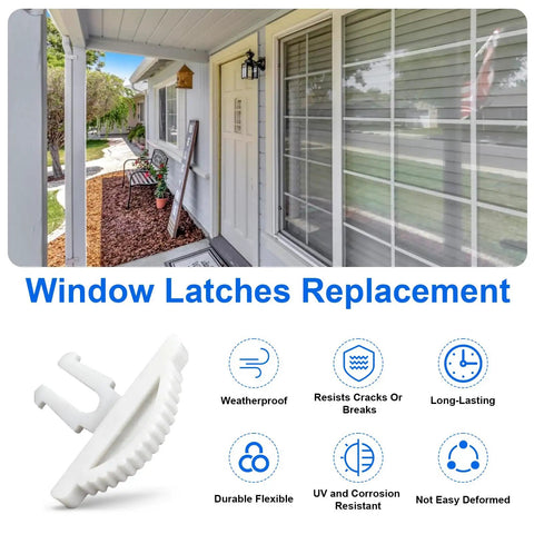 Replacement Window Latches For Vinyl RV Windows Button Style installed on outdoor window, UV resistant, snap-on fit design.