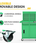 Heavy Duty Rolling Tool Chest With Lockable Swivel Wheels And Easy Pop Off Detachable Top Featuring Five Knockout Drawers Plus Adjustable Shelf For Your Badass Garage Or Professional Workshop Setup on four wheels and side handle.