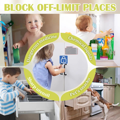 Infographic of children accessing risky household items blocked by Smart Cabinet Lock With Multi Access Hidden RFID Keyless Bluetooth Lock For Drawers And Cabinets With App NFC And iWatch Unlock Baby Proof Child Safety For Liquor Cabinets Lockers Cupboards Desks And Dressers