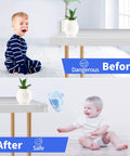 Before and after images showing Clear Baby Proofing Corner Shields For Cozy Home Spaces protecting a toddler from sharp furniture edges.