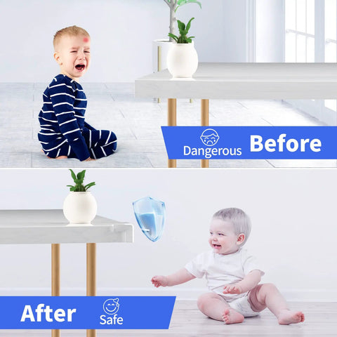 Before and after images showing Clear Baby Proofing Corner Shields For Cozy Home Spaces protecting a toddler from sharp furniture edges.