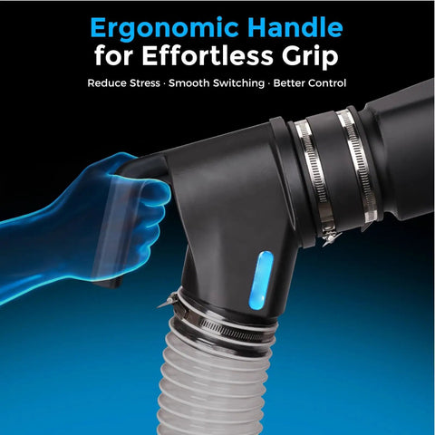 Close-up of ergonomic handle on 4 Inch Dust Collection Fitting Kit With Magnetic Handle For Woodworking Vacuum Systems.