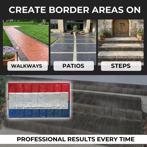 Stack Bond Brick Border Concrete Stamp Set Of 3 Durable Polyurethane Stamps for driveways, patios, steps, and walkways.