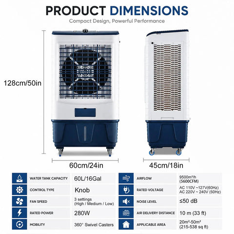 Portable Evaporative Air Cooler With Mechanical Knobs And Auto Swing, Three Speeds Pump Out Kickin Cool Airflow For Bedroom Or Studio Setup, Sweet Easy Glide design with dimensions 128cm x 60cm x 45cm.