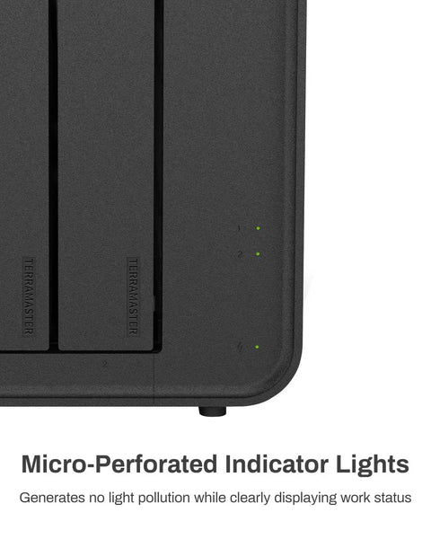 Micro-perforated indicator lights on Rock Solid Hybrid Nvme Sata Enclosure Hosting Two Hard Drives Plus Three M2 Solid State Drives.